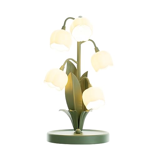 Lamp Bed Lily of The Valley Tulip Green Table with Iron Body and White Acrylic Lampshade Vintage Cute Desk Office