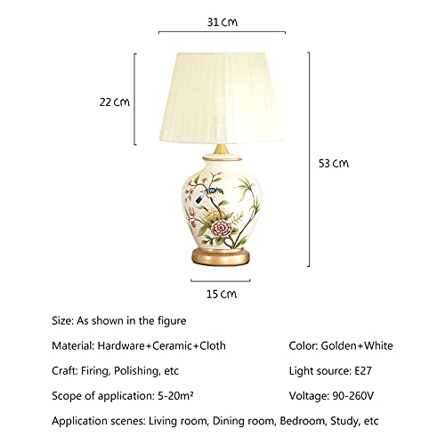 Lamp Bed Ceramic Table with Hand-Painted Flower and Bird Small Bird Table with White Fabric Lampshade Nightstand College Bookcase