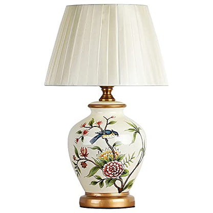 Lamp Bed Ceramic Table with Hand-Painted Flower and Bird Small Bird Table with White Fabric Lampshade Nightstand College Bookcase