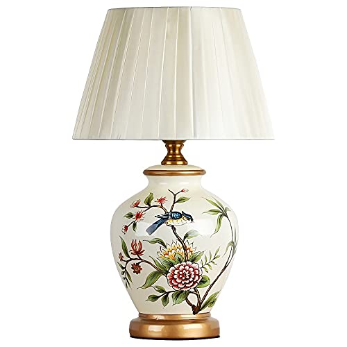 Lamp Bed Ceramic Table with Hand-Painted Flower and Bird Small Bird Table with White Fabric Lampshade Nightstand College Bookcase