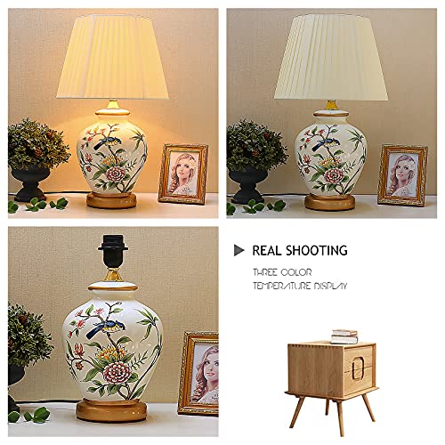 Lamp Bed Ceramic Table with Hand-Painted Flower and Bird Small Bird Table with White Fabric Lampshade Nightstand College Bookcase