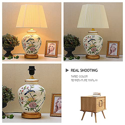 Lamp Bed Ceramic Table with Hand-Painted Flower and Bird Small Bird Table with White Fabric Lampshade Nightstand College Bookcase