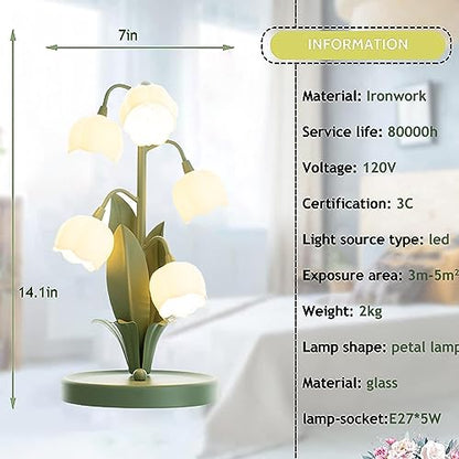 Lamp Bed Lily of The Valley Tulip Green Table with Iron Body and White Acrylic Lampshade Vintage Cute Desk Office