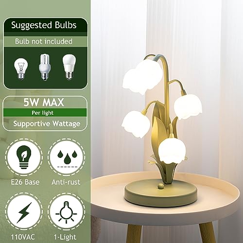Lamp Bed Lily of The Valley Tulip Green Table with Iron Body and White Acrylic Lampshade Vintage Cute Desk Office