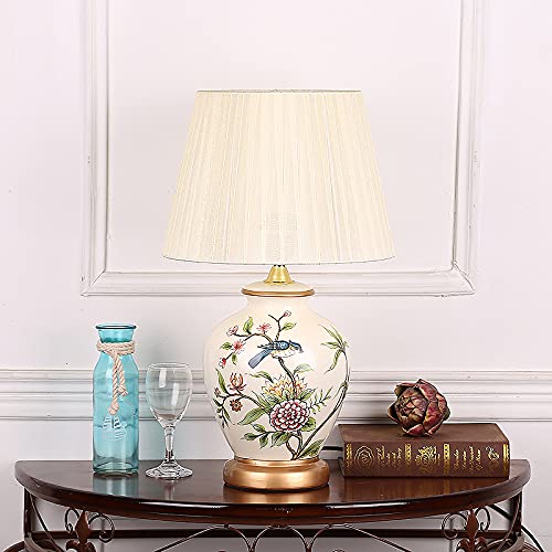 Lamp Bed Ceramic Table with Hand-Painted Flower and Bird Small Bird Table with White Fabric Lampshade Nightstand College Bookcase