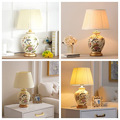Lamp Bed Ceramic Table with Hand-Painted Flower and Bird Small Bird Table with White Fabric Lampshade Nightstand College Bookcase