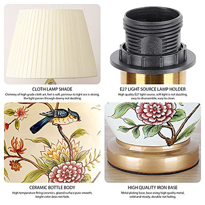 Lamp Bed Ceramic Table with Hand-Painted Flower and Bird Small Bird Table with White Fabric Lampshade Nightstand College Bookcase