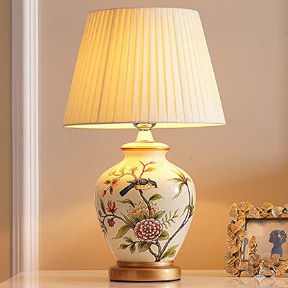 Lamp Bed Ceramic Table with Hand-Painted Flower and Bird Small Bird Table with White Fabric Lampshade Nightstand College Bookcase