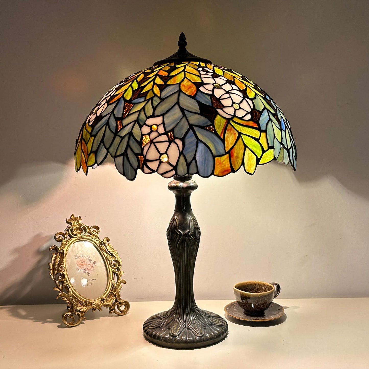 Lamp Stained Glass Table Lamp Bed Room Bedside Reading Desk Light for Living Office Dormitory Retro Accent Decor 12 Inch Nightstand Lamps,Green Leaf