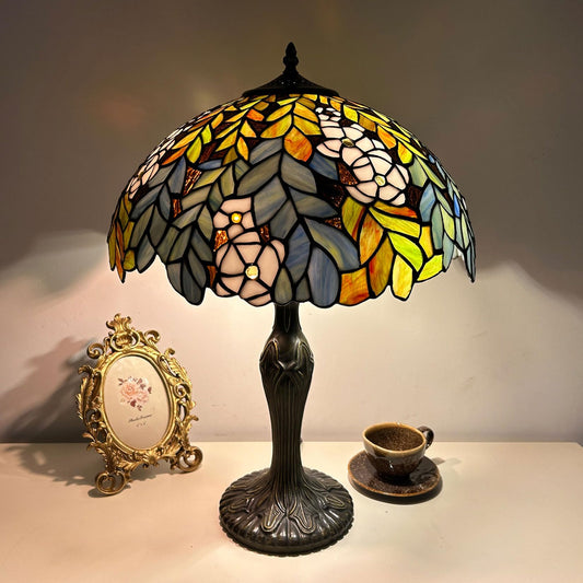 Lamp Stained Glass Table Lamp Bed Room Bedside Reading Desk Light for Living Office Dormitory Retro Accent Decor 12 Inch Nightstand Lamps,Green Leaf