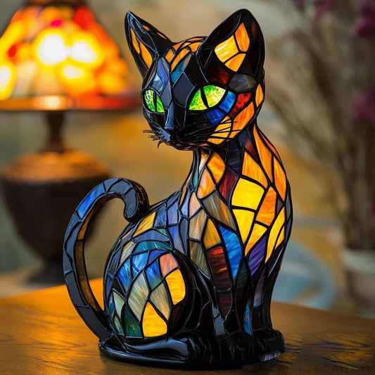 Lámpara de vitral, lámpara de mesa de gato, colorida decoración vintage para dormitorio, sala de estar, hogar (gato B)